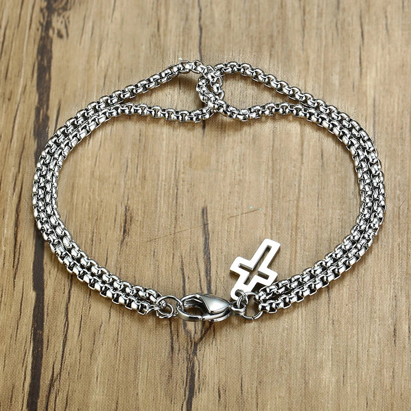 Vnox Einfache, geschichtete 3mm Rolo-Kettenarmbänder für Herren, rundes Kettenglied mit Kreuz-Anhänger, Armband, Christusgebet, Vintage-Freizeitgeschenk