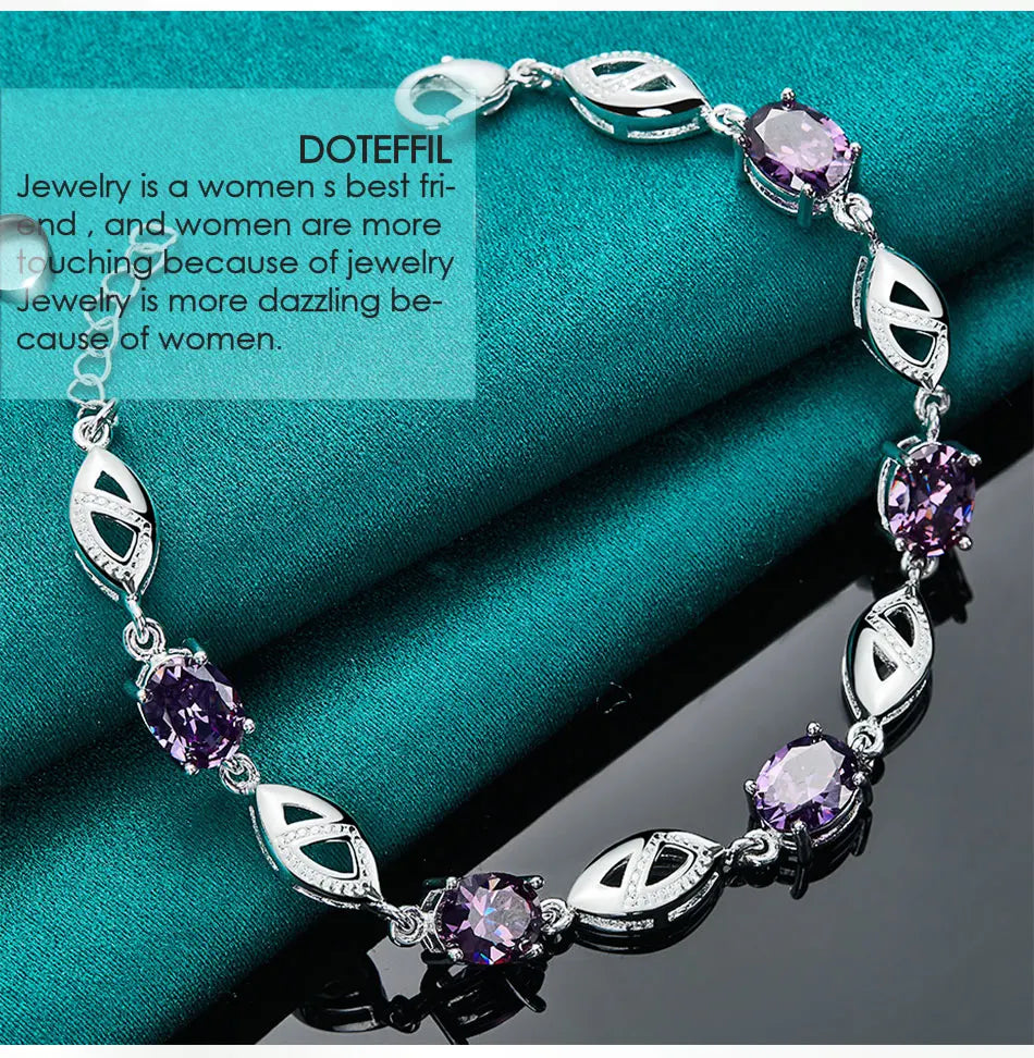 DOTEFFIL 925 Sterling Silber Lila Große AAA Zirkon Armbandkette für Damen Schmuck Verlobung Party Weihnachtsgeschenk