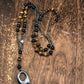 Tiger Eye Stone Bead & Hematite Cross Pendant Necklace for Men Women Catholic Christ Rosary Cross Pendant