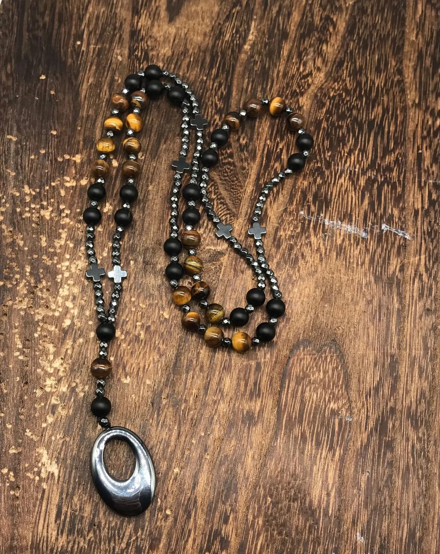 Tiger Eye Stone Bead & Hematite Cross Pendant Necklace for Men Women Catholic Christ Rosary Cross Pendant