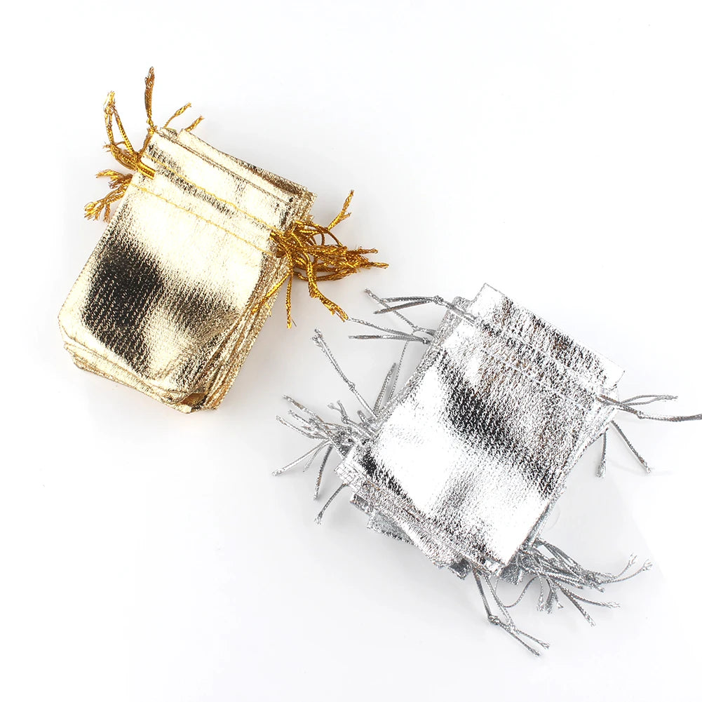 50pcs Foil Jewelry Packing Drawstring Gold Silver Color Bags Christmas Gifts Adjustable Wedding Party Candy Chocolate Pouches