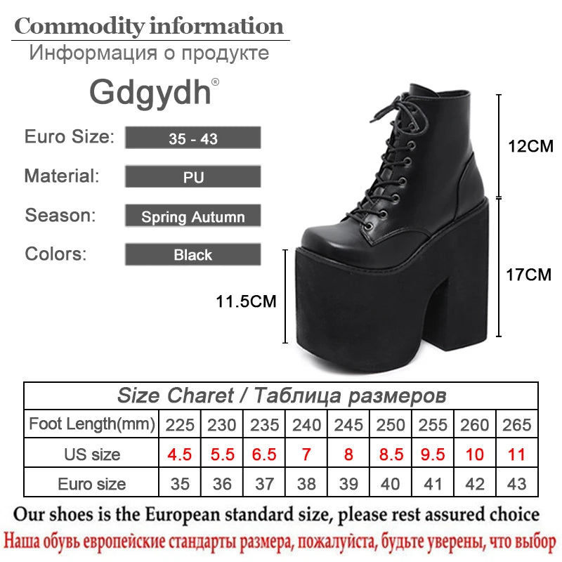 Gdgydh Chunky Heel Motorcycle Boots Women Platform Ankle Boots Lace Up Punk Cosplay Thick Sole Goth Girls Shoes Big Size 43