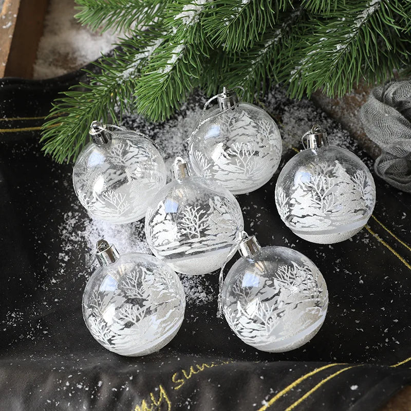 6 Stück 6 cm transparente Schneeball-Weihnachtskugeln Anhänger für Weihnachtsbaumschmuck Klare Kugeln Hängende Ornamente Weihnachten Navidad