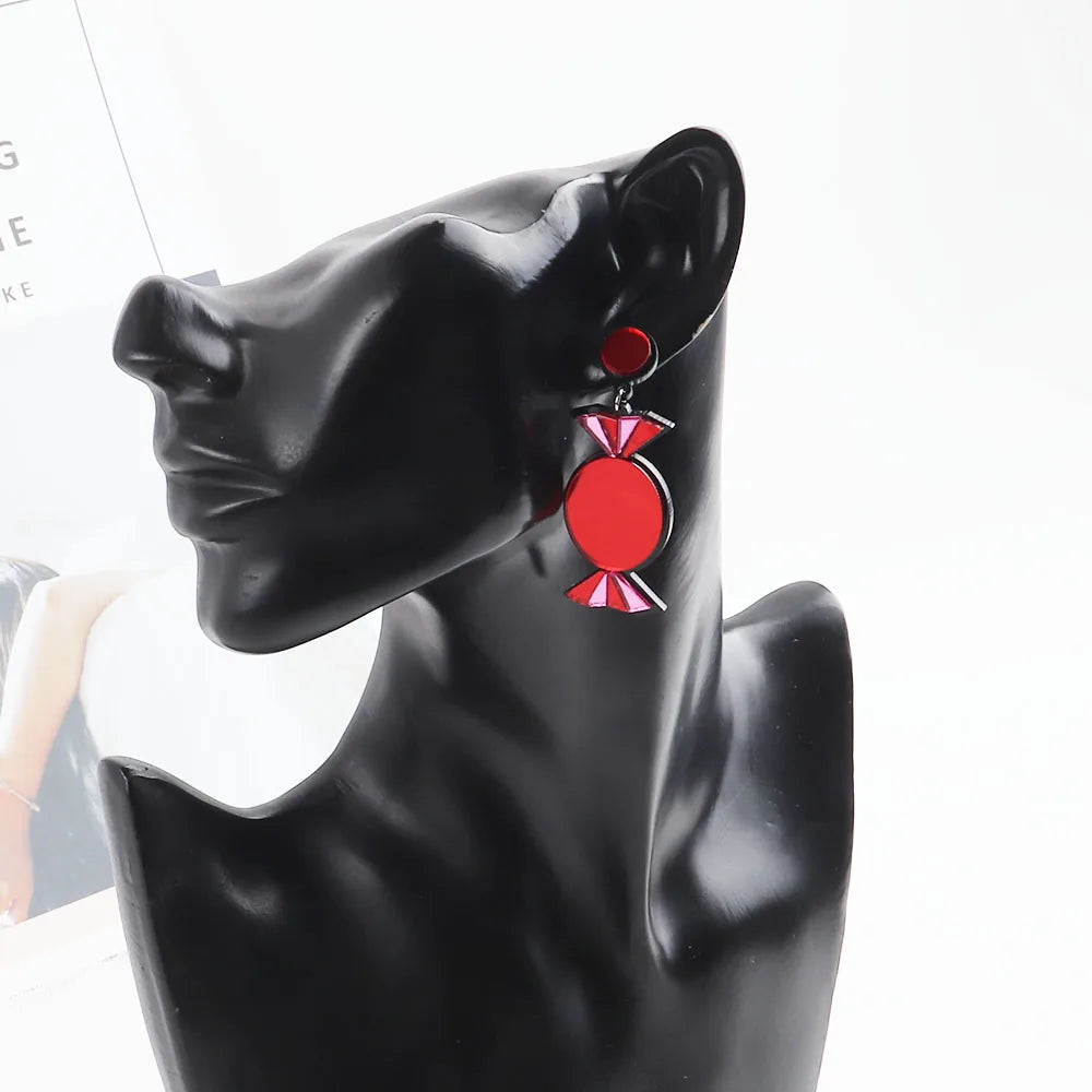 Neue Mode Gelb Blau Rot Bonbon Spiegel Acryl Ohrringe Für Frauen Lustige Süße Baumelohrringe Weihnachtsfeier Schmuck Geschenk