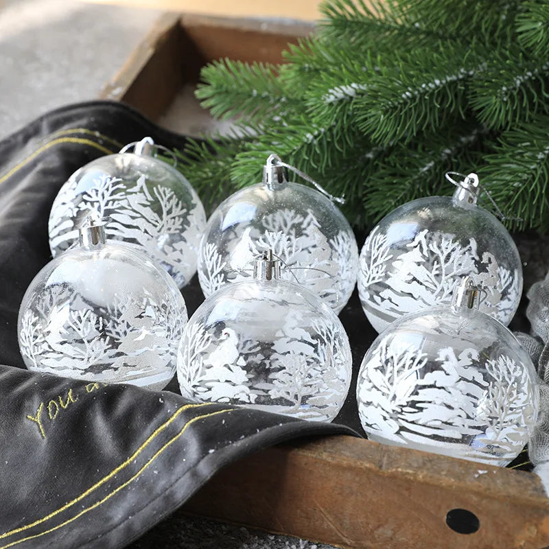 6 Stück 6 cm transparente Schneeball-Weihnachtskugeln Anhänger für Weihnachtsbaumschmuck Klare Kugeln Hängende Ornamente Weihnachten Navidad