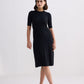 High Crew Neck Elbow Sleeves Fitted Dress in Black