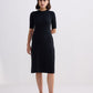 High Crew Neck Elbow Sleeves Fitted Dress in Black