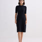 High Crew Neck Elbow Sleeves Fitted Dress in Black