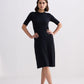 High Crew Neck Elbow Sleeves Fitted Dress in Black