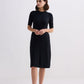 High Crew Neck Elbow Sleeves Fitted Dress in Black