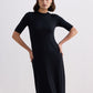 High Crew Neck Elbow Sleeves Fitted Dress in Black