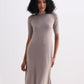 High Crew Neck Elbow Sleeves Fitted Dress in Earth Grey