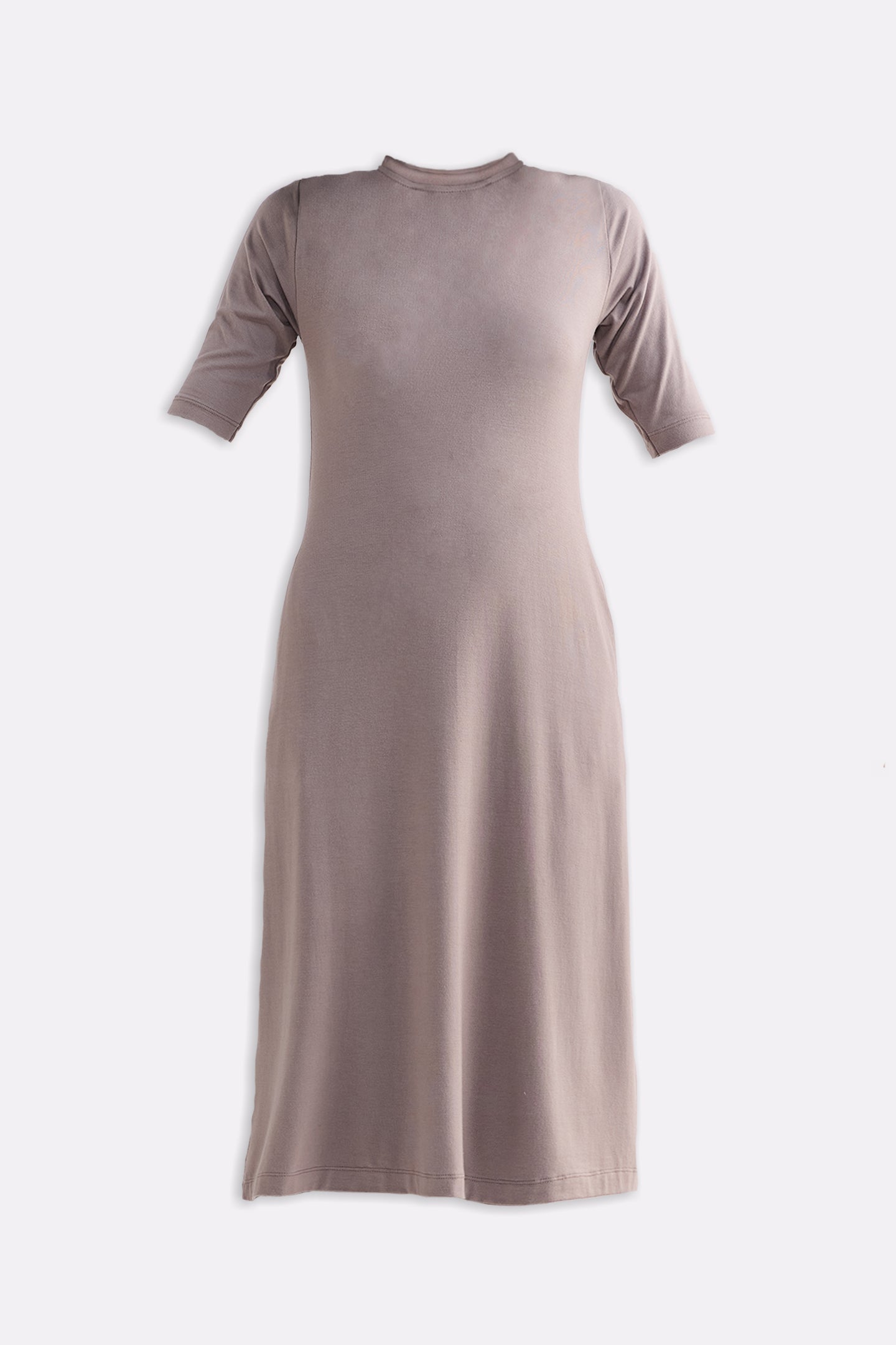 High Crew Neck Elbow Sleeves Fitted Dress in Earth Grey