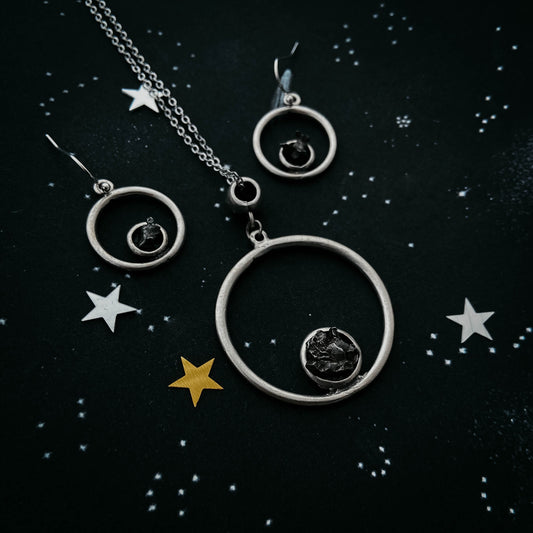 Meteorit Schmuckset - Halskette und Ohrringe mit Kreisdesign