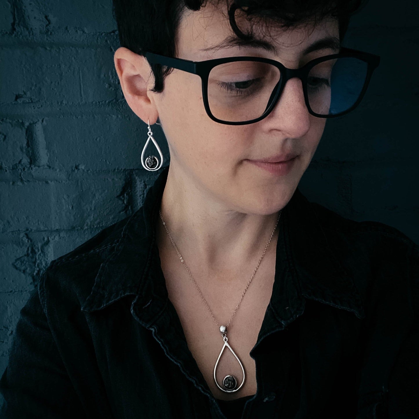 Meteorite Jewelry Set - Teardrop Necklace and Earrings
