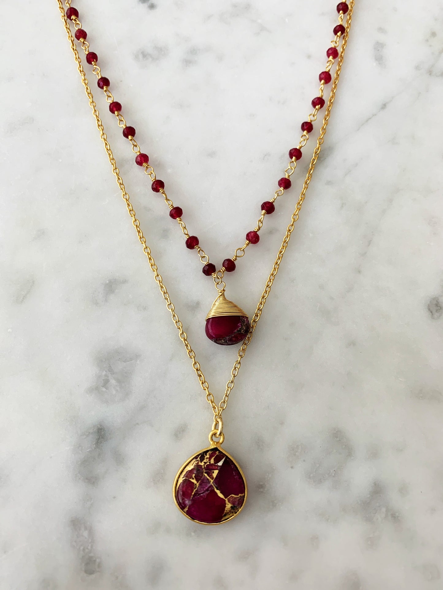 Double Jill Necklace with Gold Ruby Chain and Red Mojave Copper Turquoise Pendant