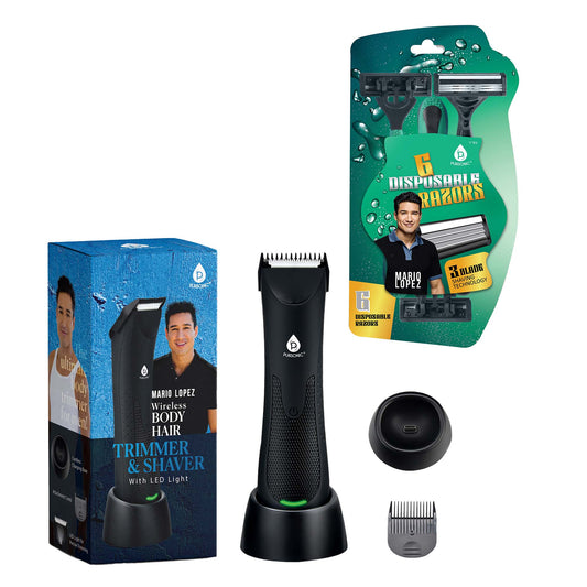 Mario Lopez kabelloser Körperhaar-Trimmer & Rasierer und Mario Lopez Einwegrasierer - 3-Klingen-Rasieroberflächentechnologie