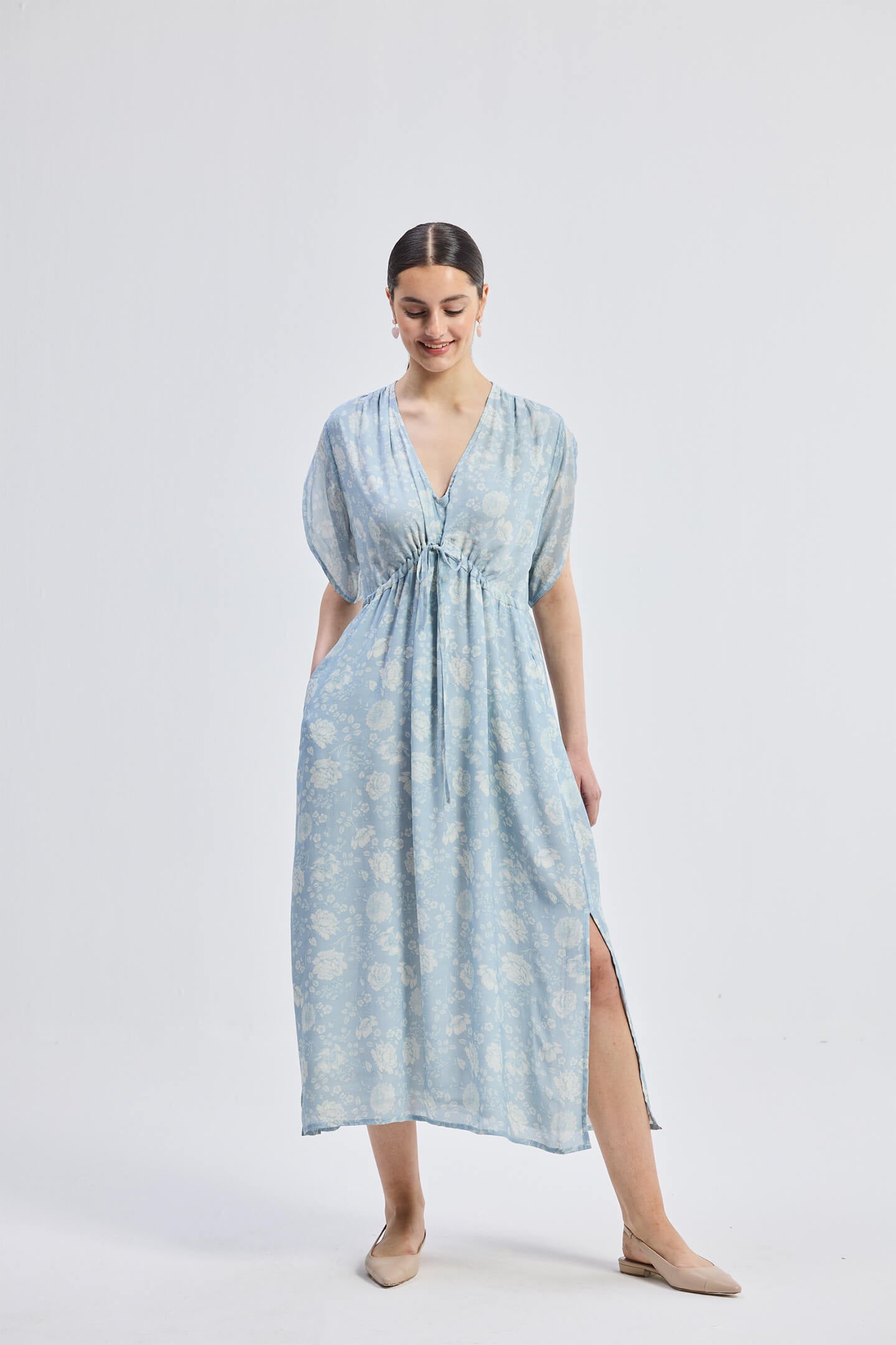 Gathered Maxi Dress with Drawstring in Blue Florals