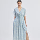 Gathered Maxi Dress with Drawstring in Blue Florals