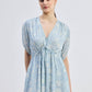Gathered Maxi Dress with Drawstring in Blue Florals