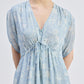 Gathered Maxi Dress with Drawstring in Blue Florals
