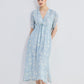 Gathered Maxi Dress with Drawstring in Blue Florals