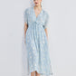 Gathered Maxi Dress with Drawstring in Blue Florals