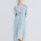Gathered Maxi Dress with Drawstring in Blue Florals