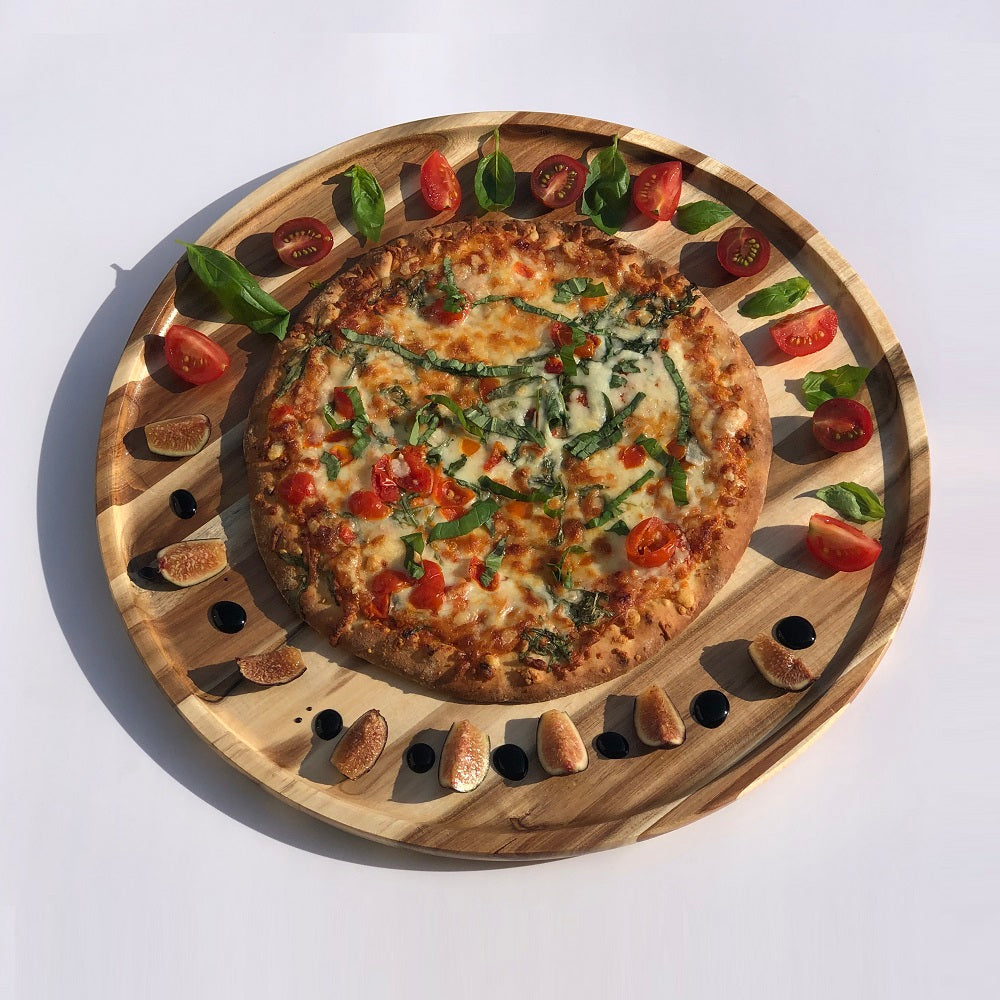 [ Set of 3 ] Zavis Green Acacia Wood Round Stackable Plate / Platter 16" | Dishwasher Safe