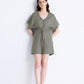 V neck Drawstring Romper in Dark Green