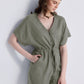 V neck Drawstring Romper in Dark Green