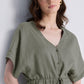 V neck Drawstring Romper in Dark Green