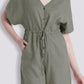 V neck Drawstring Romper in Dark Green