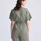 V neck Drawstring Romper in Dark Green