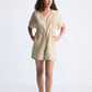 V neck Drawstring Romper in Neutral Beige
