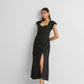 Ruched Dress with Front Slit in Black