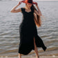 Ruched Dress with Front Slit in Black