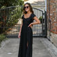 Ruched Dress with Front Slit in Black