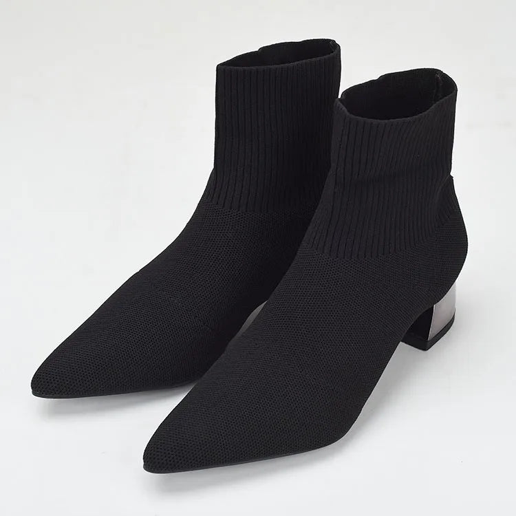 Autumn Winter Women's Knit Elastic Socks Boots Pointed Toe Chunky Heel Boots Black Fashion Ankle Chelsea Boots