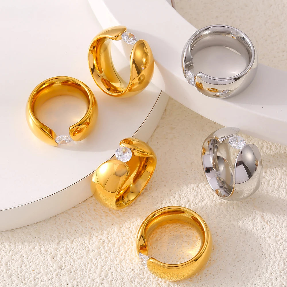 Trendy Stainless Steel Round Rings For Women Zircon Wedding Bands Women Finger Gold Silver Color Chunky Rings Waterproof Jewelry