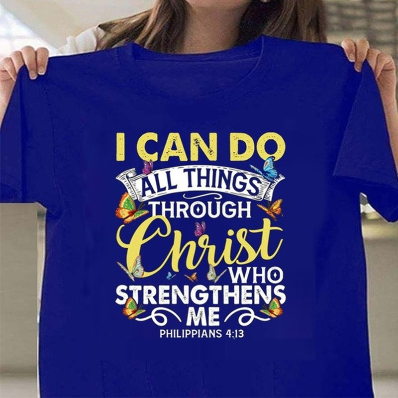 Ich kann alles durch Christus tun, Druck Frauen T-Shirt Kurzarm O-Neck Loose Frauen T-Shirt Damen T-Shirt Camisetas Mujer