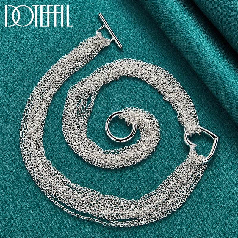 DOTEFFIL 925 Sterling Silver Multi-Line Chain Heart Necklace Bracelet Network Ring  For Women Wedding Engagement Party Jewelry