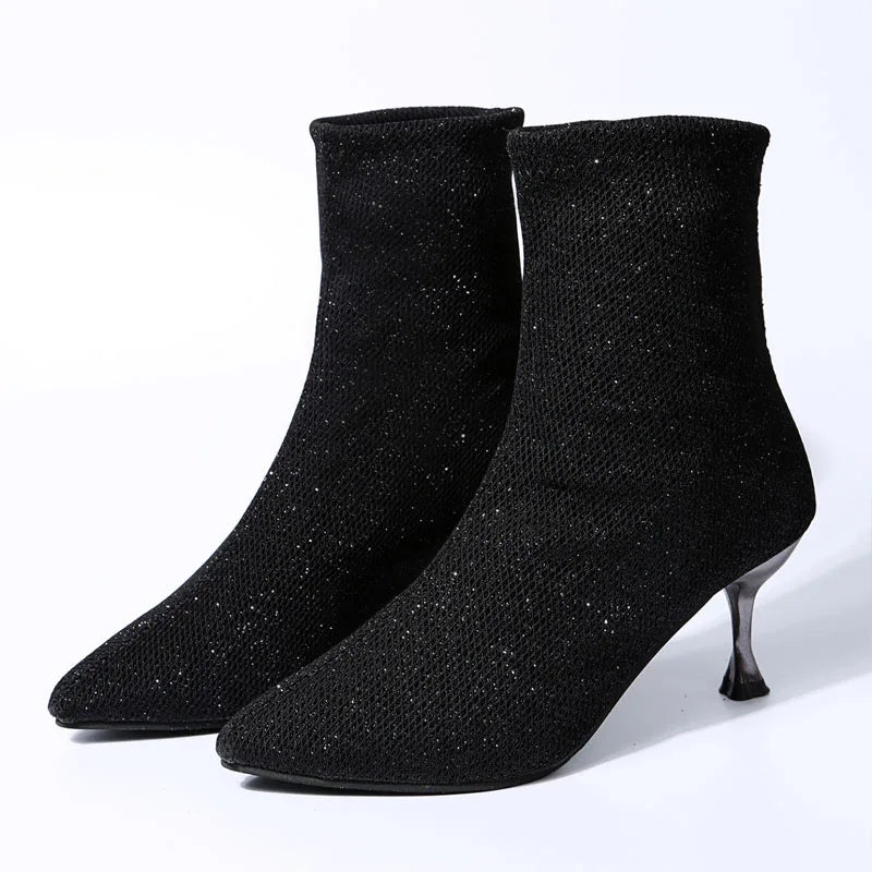 Herbstmode Damenstiefeletten Eleganter spitzer Zeh Stiletto-Booties High Heels Luxus Paillettenstoff Slip-on Stiefeletten Damenschuhe