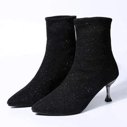 Herbstmode Damenstiefeletten Eleganter spitzer Zeh Stiletto-Booties High Heels Luxus Paillettenstoff Slip-on Stiefeletten Damenschuhe