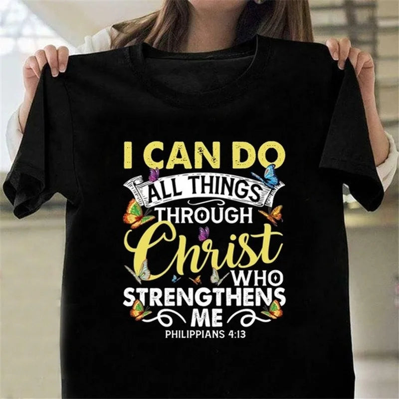 Ich kann alles durch Christus tun, Druck Frauen T-Shirt Kurzarm O-Neck Loose Frauen T-Shirt Damen T-Shirt Camisetas Mujer