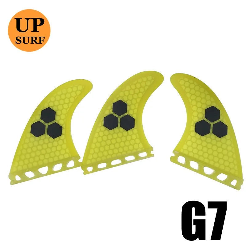 Surfbrett Flossen Set Tri Finnen UPSURF Future S/M/L Honeycomb Fiberglas Orange/Gelb/Blau/Grau/Grün mit schwarzem Logo Funboard Finnen