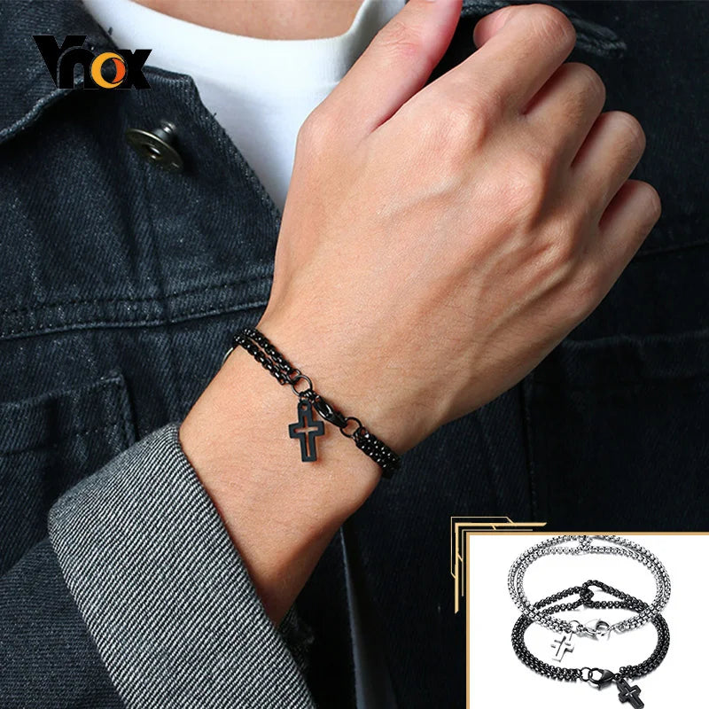 Vnox Einfache, geschichtete 3mm Rolo-Kettenarmbänder für Herren, rundes Kettenglied mit Kreuz-Anhänger, Armband, Christusgebet, Vintage-Freizeitgeschenk