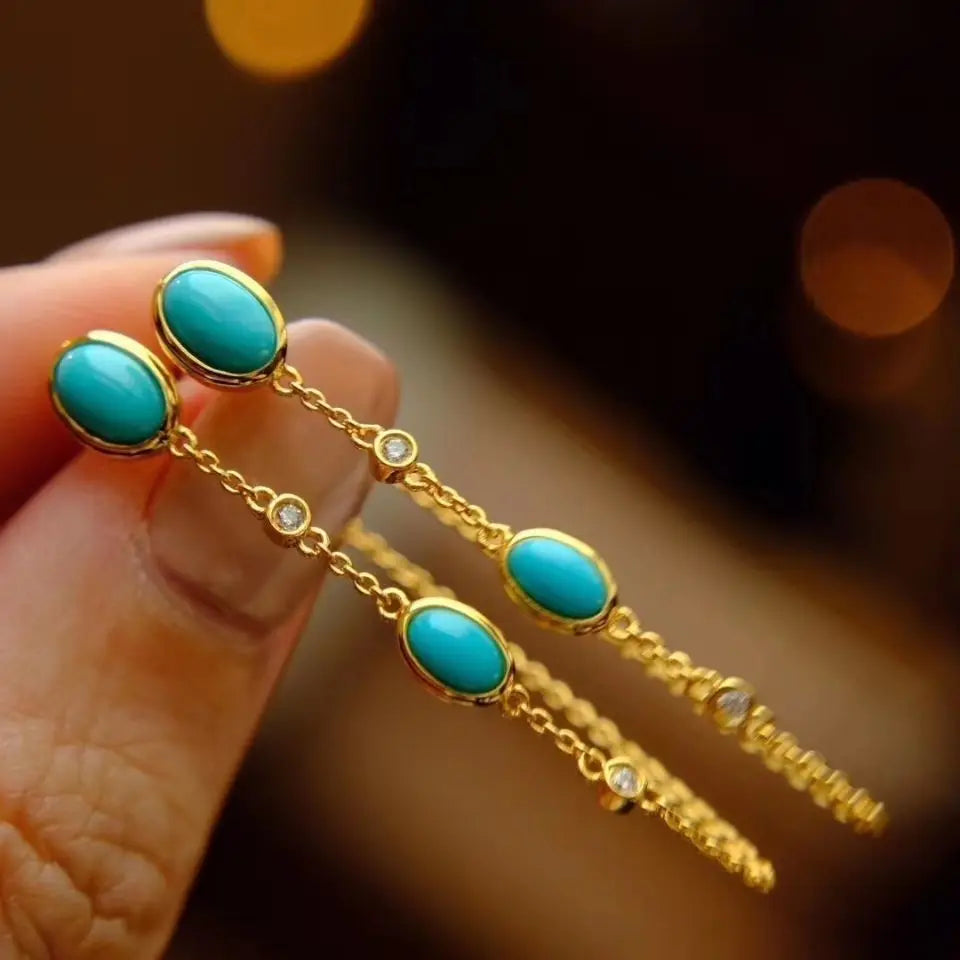 New original Turquoise long Tassel earrings for women Chinese style retro unique ancient gold craft light luxury Christmas gift
