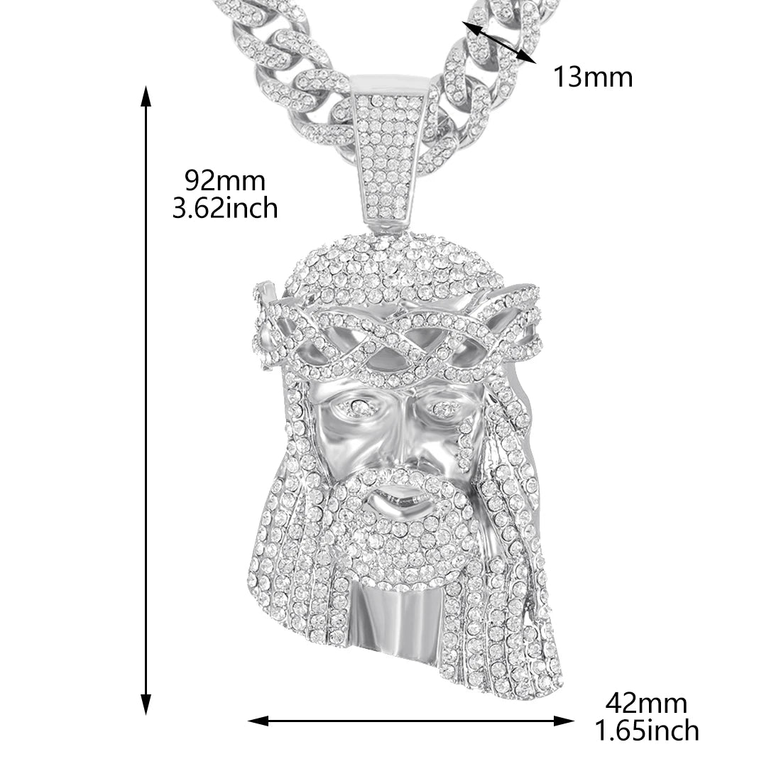 Iced Out Jesus Christus Kopf Anhänger Strass Halskette mit 13mm Miami Cuban Gliederkette Hip Hop Stil für Herren Damen Geschenk