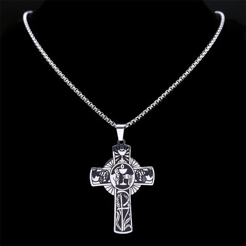 Christian Christus Eucharistie Heiligenschein Traubensaft Kreuz Kette Edelstahl Männer Frauen Katholische Heiliger Geist Kirche Halskette Schmuck